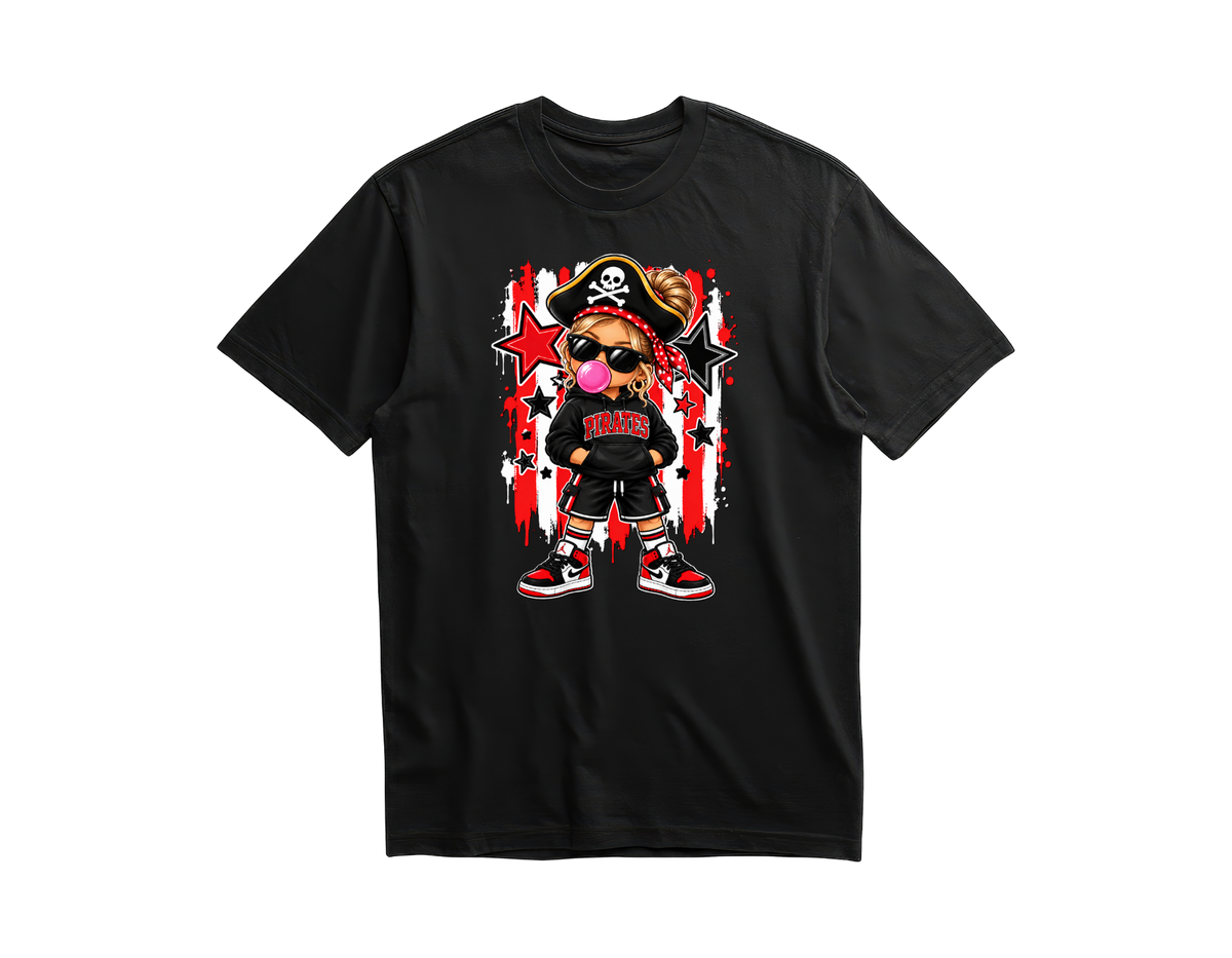 Blonde girl pirate blowing bubblegum on a black shirt