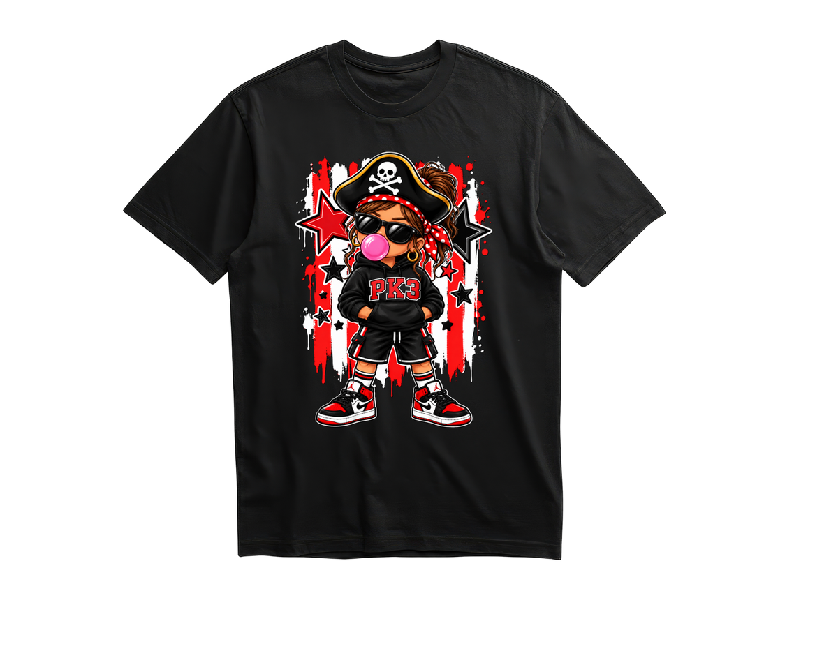 PK3 girl pirate with ponytail blowing bubblegum on a black shirt