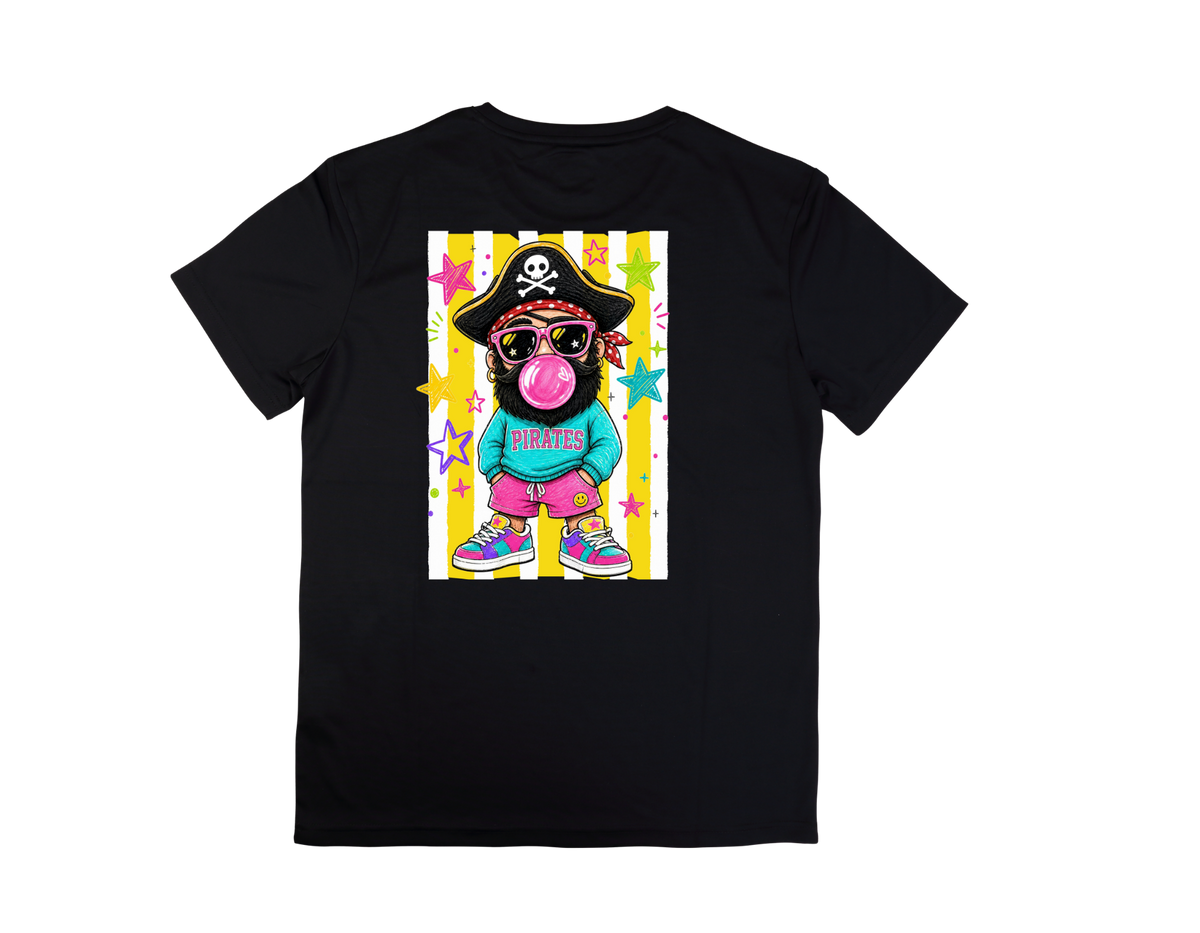 Colorful pirate kid blowing bubblegum on a black shirt