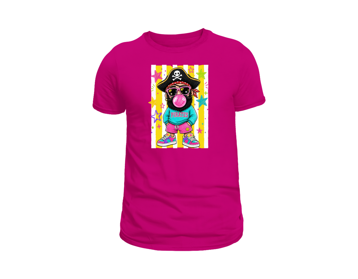Colorful pirate kid blowing bubblegum on a hot pink shirt