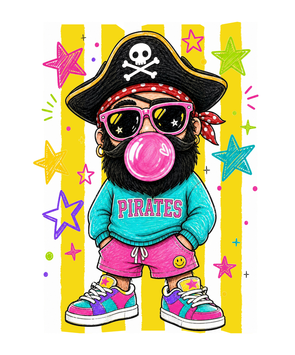 Colorful cartoon pirate mascot wearing sunglasses and blowing bubblegum