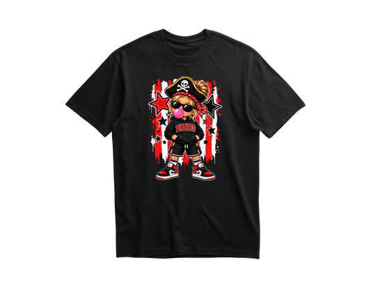 Blonde girl pirate blowing bubblegum on a black shirt