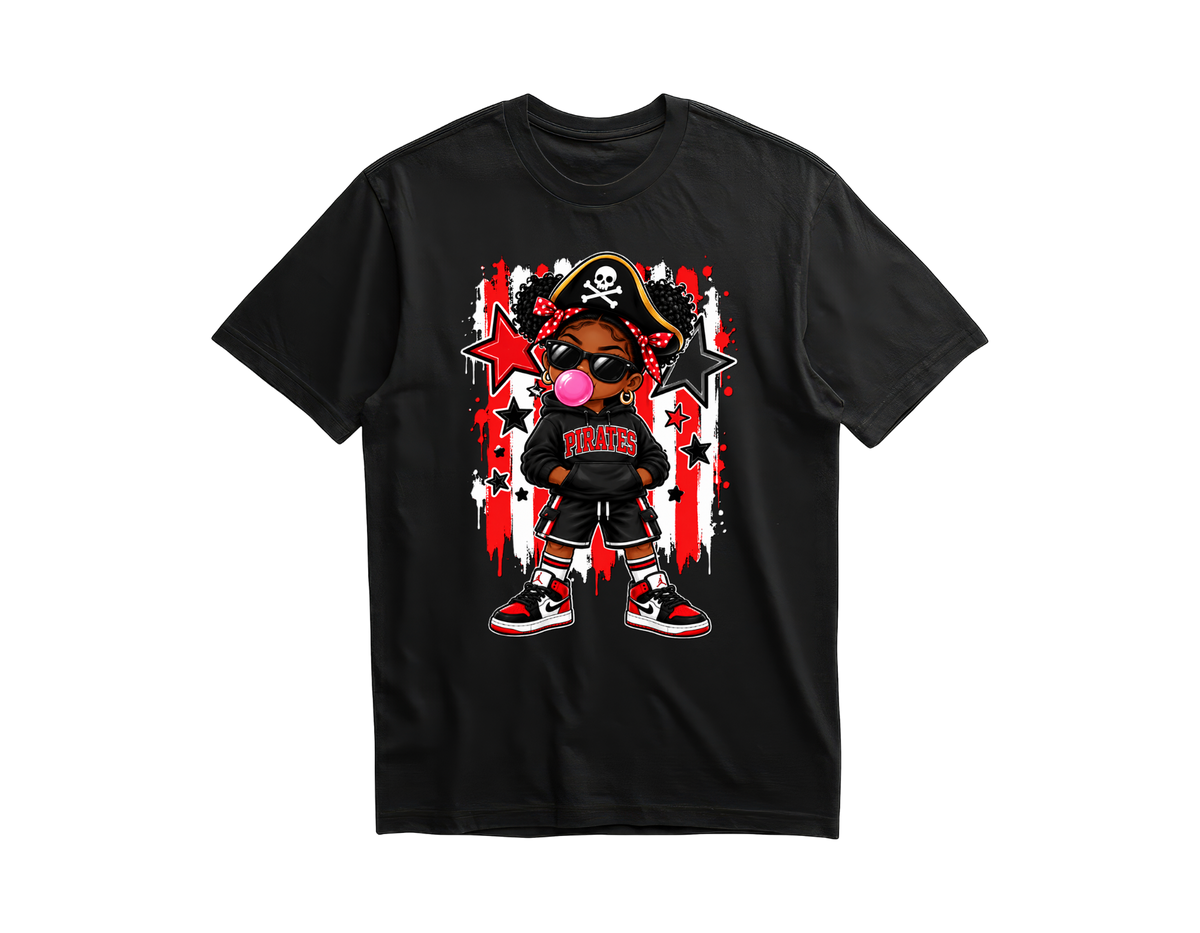 Girl pirate with hair puffs blowing bubblegum on a black shirt