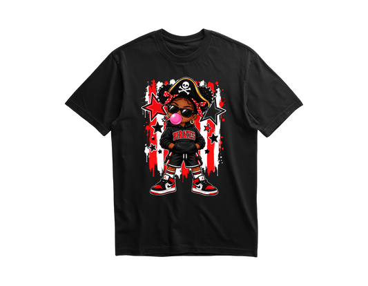 Girl pirate with hair puffs blowing bubblegum on a black shirt