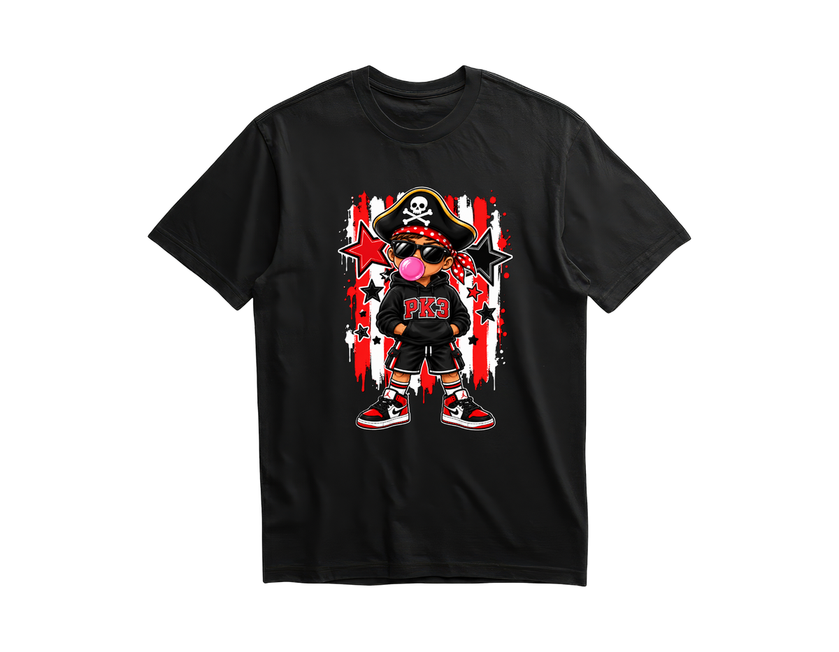 PK3 boy pirate blowing bubblegum on a black shirt