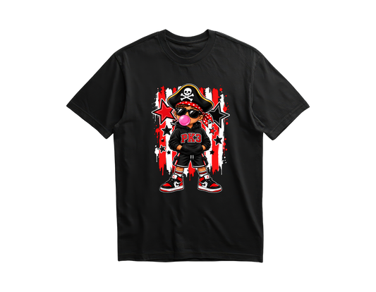 PK3 boy pirate blowing bubblegum on a black shirt