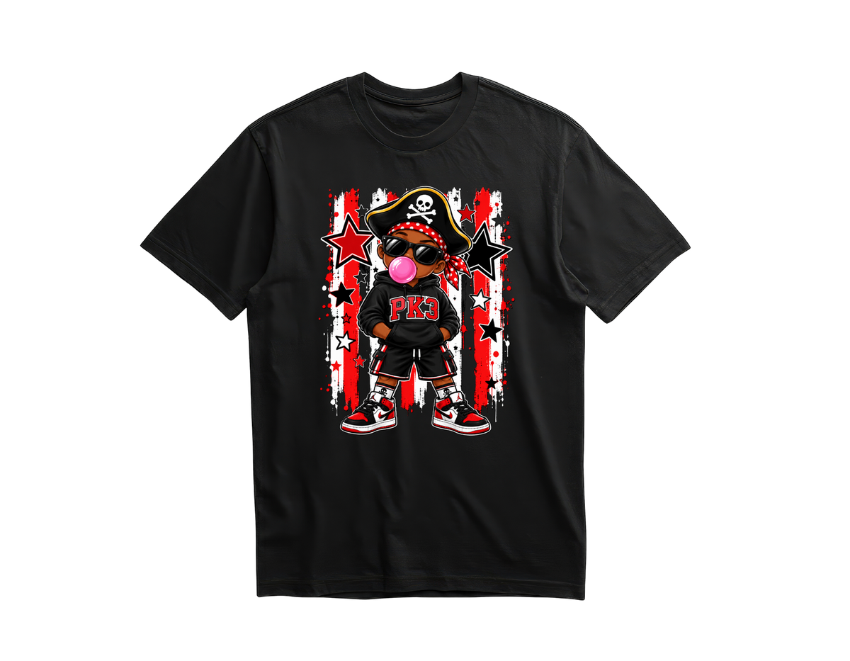 PK3 brown-skinned boy pirate blowing bubblegum on a black shirt