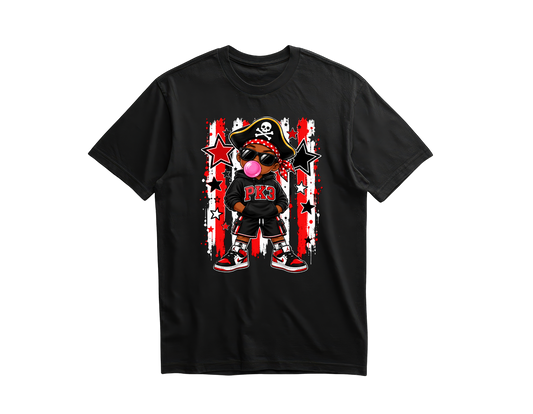 PK3 brown-skinned boy pirate blowing bubblegum on a black shirt