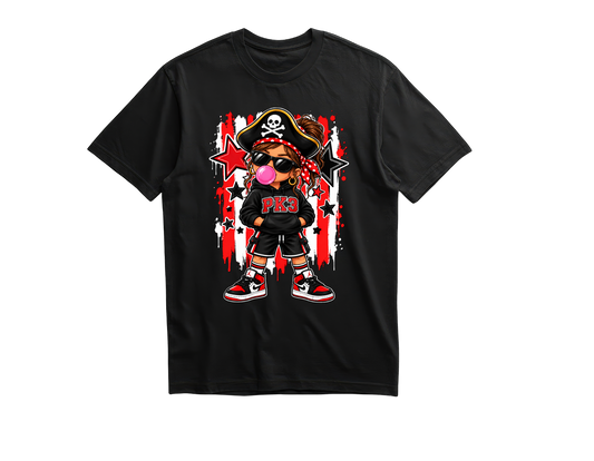 PK3 girl pirate with ponytail blowing bubblegum on a black shirt