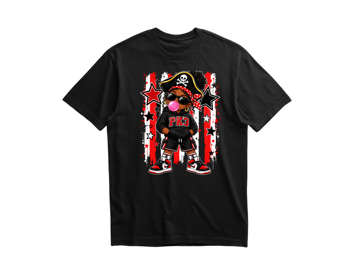 PK3 girl pirate with hair puffs blowing bubblegum on a black shirt