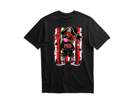 PK3 girl pirate with hair puffs blowing bubblegum on a black shirt